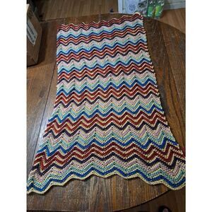 Vintage Handmade Crocheted Tan Blue Purple Lap Blanket Baby Blanket Table Cloth
